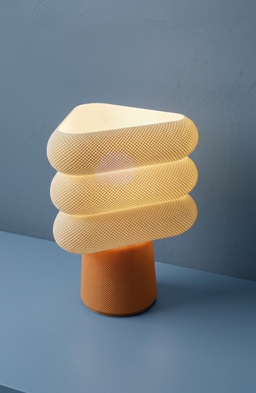 Lampara Linage de mesa con la luz encendida.