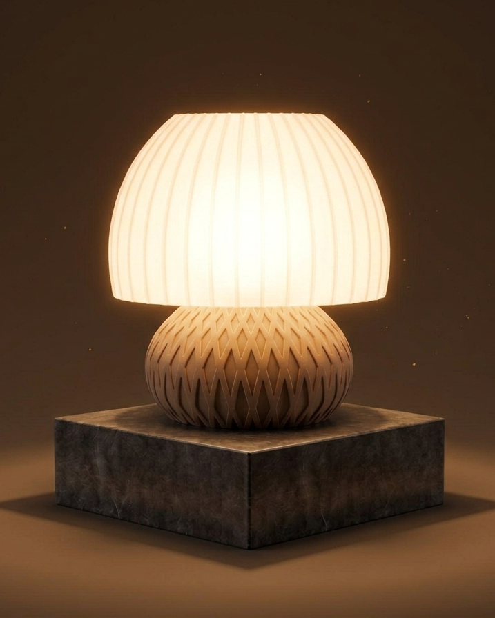 Lampara Mushroom de mesa con la luz encendida.